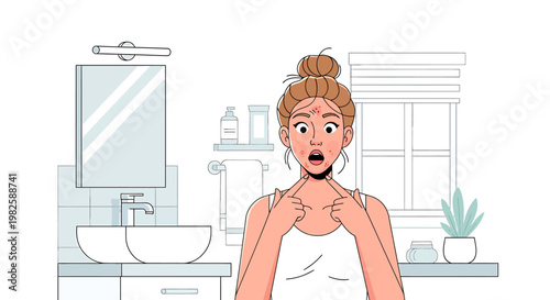 Woman examining skin condition bathroom illustration