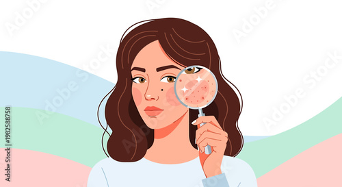 Woman examining skin condition using magnifying glass illustration