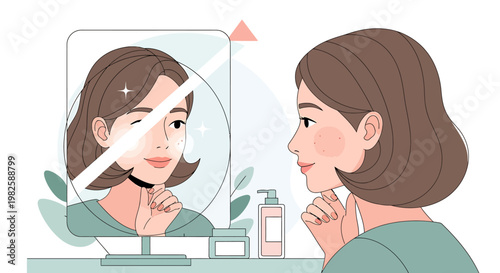 Woman looking at mirror checking face skincare routine