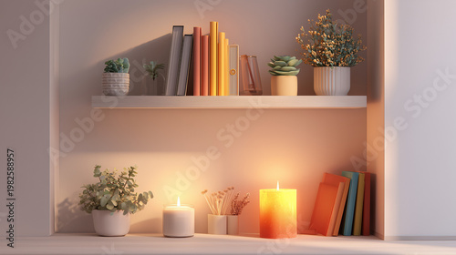 Home decor shelf styling with books candles and plants for cozy interior design inspiration ideas