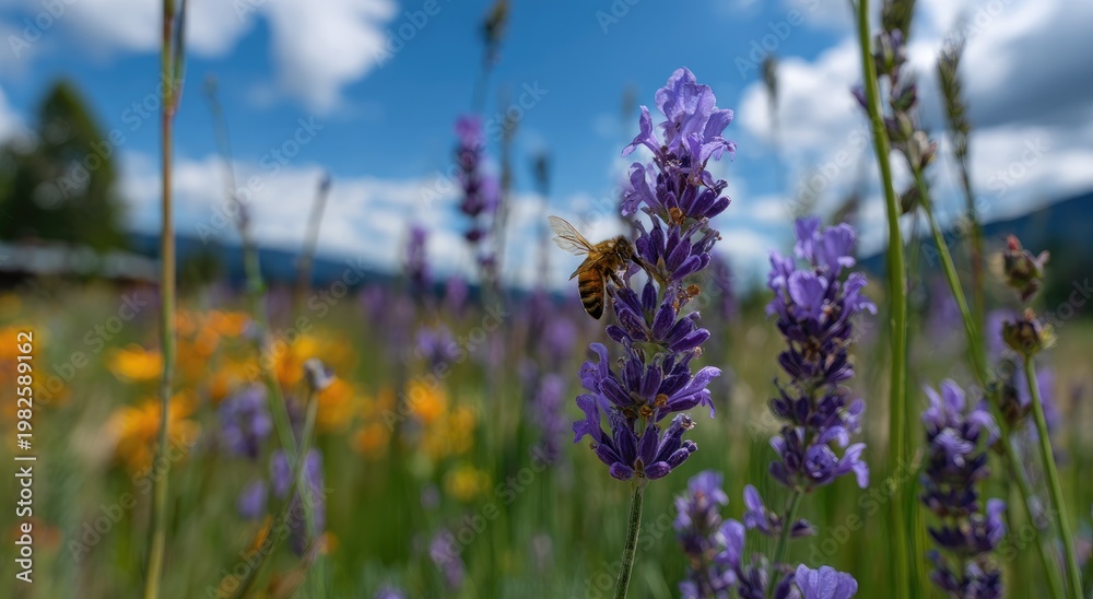 Obraz premium A honeybee diligently collects nectar from a vibrant lavender flower in a sun-drenched meadow.