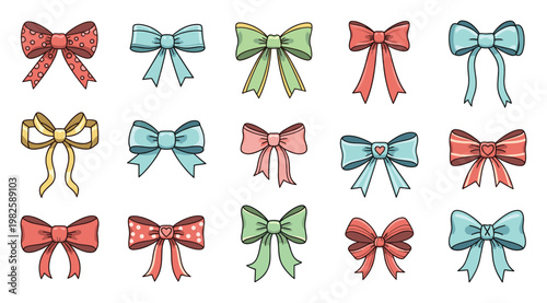 Collection of colorful decorative bows and ribbons in various styles perfect for holiday packaging, gift wrapping, celebration decor, and greeting projects