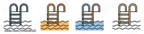 Colorful swimming pool ladders partially submerged in wavy water, ideal for illustrating summer vacation, aquatic recreation, or spa and wellness graphics for various marketing materials.