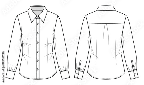 Professional flat sketch of a womens longsleeve buttondown shirt with classic collar, buttonfront, and cuffed sleeves, ideal for fashion design and apparel production specifications.