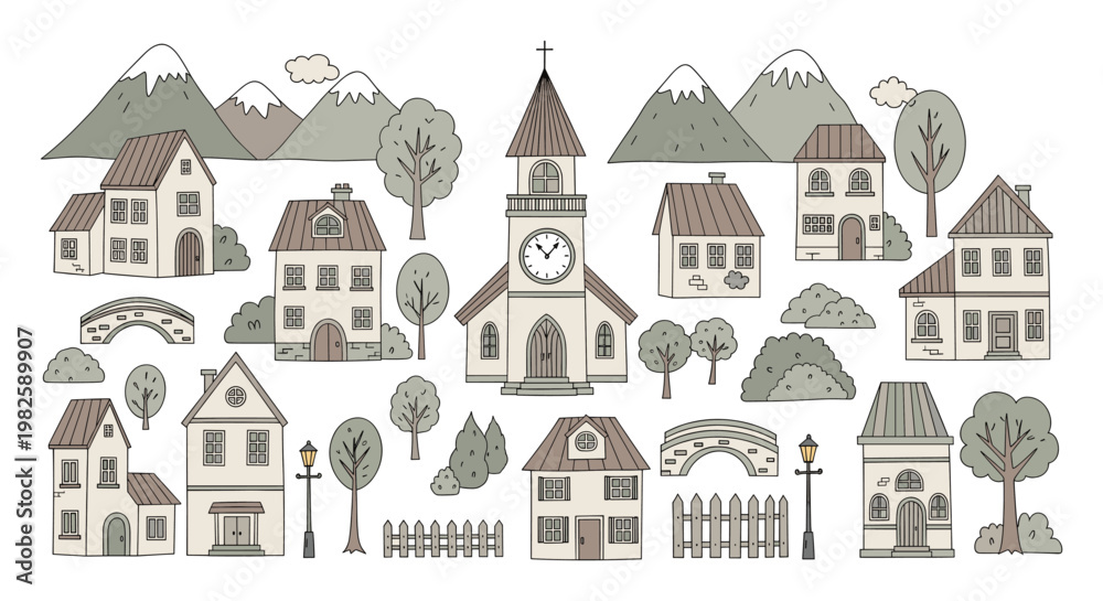 Obraz premium Charming handdrawn collection of houses, church, mountains, and trees for village scenery, storytelling, and graphic design projects.
