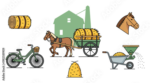 Set of rural farm elements depicting a horse pulling a hay wagon, a barn, a bicycle, a wheelbarrow, and various agricultural tools, suitable for country life and harvest projects.