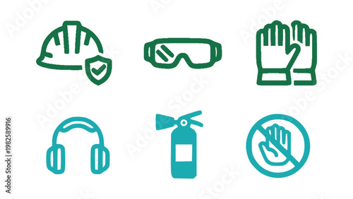 Protective gear icons including helmet, gloves, headphones, and safety tools.
