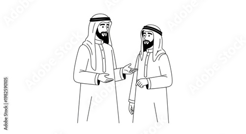 Two Arab men in traditional attire engaged in conversation, sharing ideas.