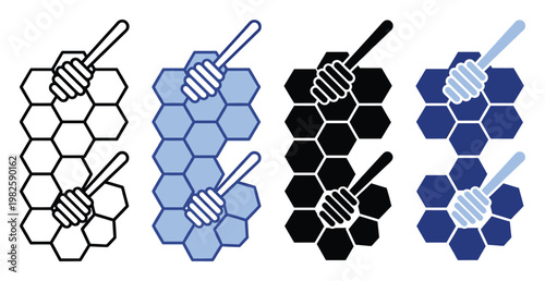 Vector graphic representation of a honeycomb with a honey dipper in various outline and filled color styles perfect for sweet food packaging, organic product labels, or beekeeping industry