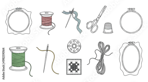 Collection of essential sewing and embroidery supplies including colorful threads, hoops, needles, and scissors for various craft projects and handmade designs.