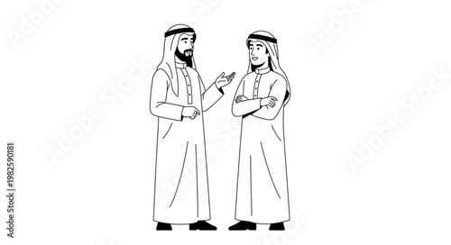 Two Arab men in traditional attire having a conversation.
