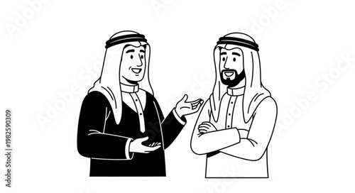 Two Arab men in traditional attire having a conversation.
