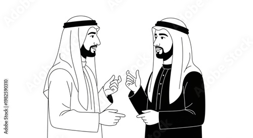 Two Arab men in traditional attire having a conversation.