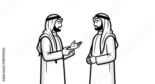 Two Arab men in traditional attire having a conversation.