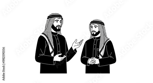 Two Arab men in traditional attire having a conversation.