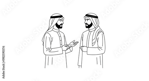 Two Arab men in traditional attire having a conversation.