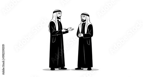 Two Arab men in traditional attire discussing important matters.