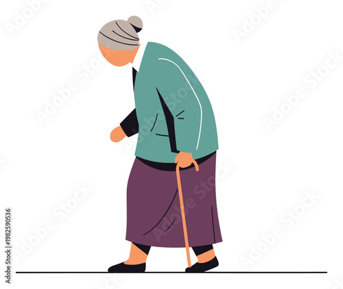 A senior woman walking with a cane, highlighting the challenges of aging and the need for support, ideal for health, wellness, and social care presentations