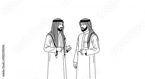 Two Arab men in traditional attire discussing important matters.