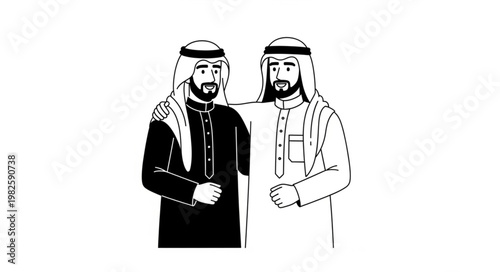 Two Arab men in traditional attire, embracing each other.