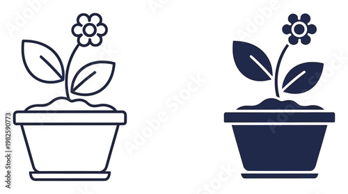 Stylized potted plant icon featuring a blooming flower with two leaves in both outline and solid versions, perfect for nature themed apps, gardening websites, and educational materials.