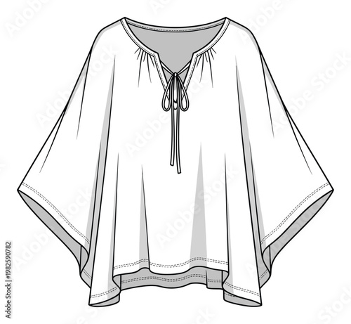 Fashion flat sketch of a womens casual tiefront tunic blouse with wide sleeves and Vneckline, ideal for apparel design, clothing production, and catalog creation