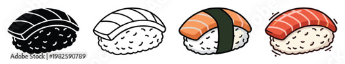 Sushi nigiri icons in diverse visual styles offering a versatile collection for restaurant menus, food packaging, cooking applications, and educational content creation.