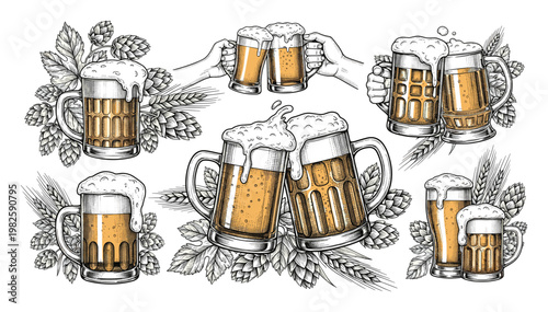 Collection of vintage engraved beer mugs with frothy foam, hops, and wheat, perfect for brewery menus, Oktoberfest promotions, pub decor, or beverage branding