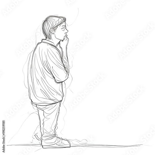 minimalist black-and-white line drawing of a person shown in side profile, standing with a loose draped garment wrapped around the body