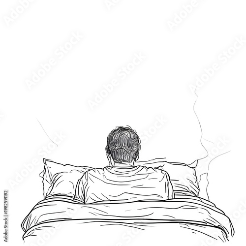 minimalist black-and-white line drawing of a person lying back on a bed, viewed from behind, with both arms stretched outward across the pillow or headboard.