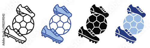 Dynamic set of soccer ball and cleats icons representing athletic sport, competition, and game, suitable for sports websites, mobile apps, and merchandise design