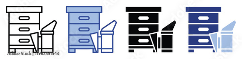 Modern set of beekeeping equipment icons featuring a stacked beehive and a smoker, perfect for agricultural app interfaces, educational presentations, and apiculture web graphics.