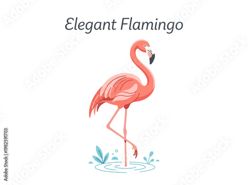 Elegant Flamingo Standing in Water with Minimalist Plant Accents