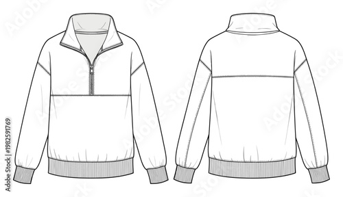Technical flat sketch of a comfortable unisex half zip pullover sweatshirt with ribbed cuffs and hem, perfect for casual sportswear garment development and apparel collection presentation.