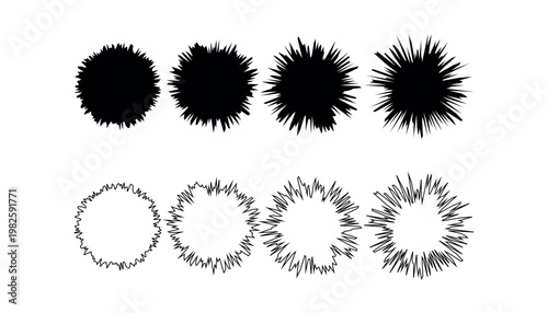 Black silhouettes of explosive shapes and brush stroke circles with explosion, silhouette