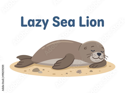 Cute illustration of a sea lion relaxing on a sandy beach with a peaceful expression