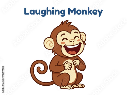 A cute cartoon monkey with its eyes closed, hands on its belly, and a wide open mouth, appearing to be laughing heartily