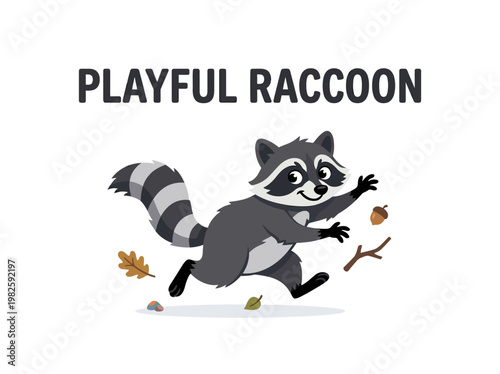 A delightful cartoon illustration of a playful raccoon in mid-stride, surrounded by autumn leaves and acorns, perfect for whimsical designs