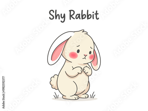 Charming illustration of a shy rabbit with rosy cheeks, looking bashful and adorable, standing in a grassy field