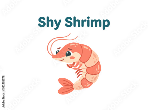 Cute illustration of a shy shrimp with a blush on its cheeks, perfect for children's books and educational content about sea life