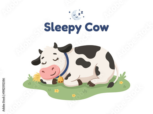 Cute cartoon sleepy cow resting on hay with a bell around its neck and a crescent moon with a star icon above it, illustration