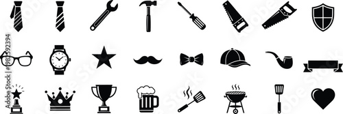 Happy Father's Day Vector Set with BBQ Grill, Hand Saw and Dad Accessories