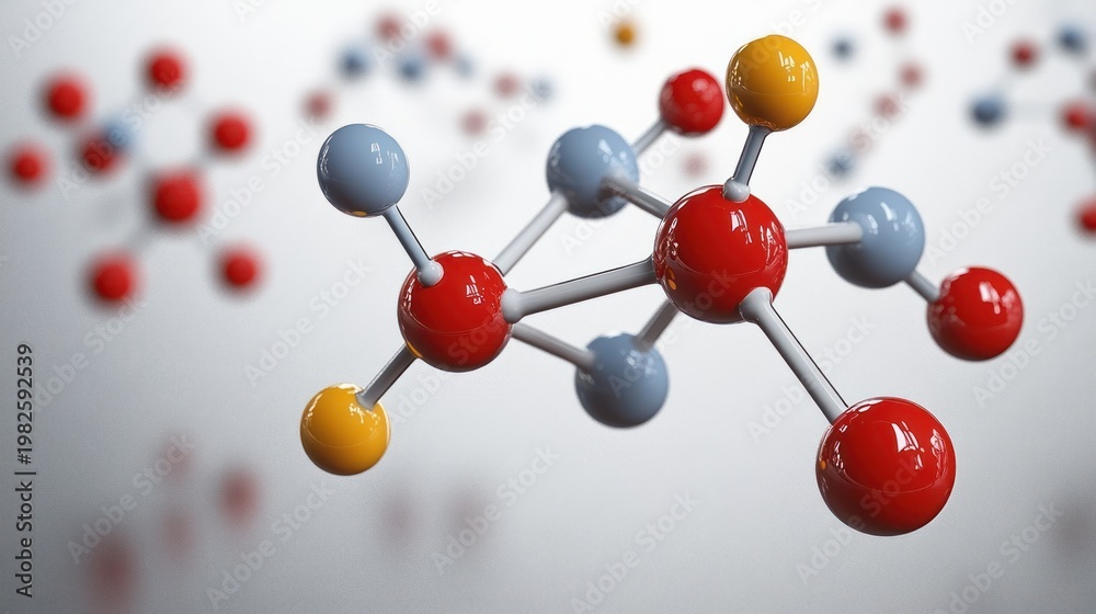 Obraz premium floating glossy molecular model of interconnected red, gray-blue and yellow spheres joined by rods, conveying scientific precision and dynamic curiosity