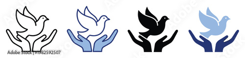 Set of icons featuring cupped hands holding a flying dove symbolizing peace and freedom, ideal for use in humanitarian projects, religious content, environmental campaigns, or educational