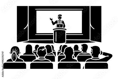 Black silhouette of a speaker giving a presentation on stage to a seated audience. Professional vector illustration of a seminar, conference, or educational lecture in a theater or hall.