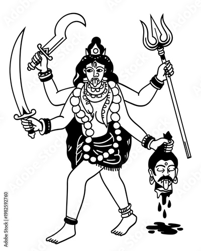 Line art illustration of the Hindu goddess Kali, depicted with multiple arms holding traditional weapons and a severed head. Classic mythological representation featuring a sword, trident, and garland