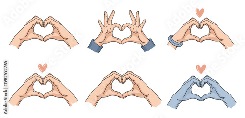 A collection of various hand gestures forming heart shapes, symbolizing love, care, and connection for use in romantic or communityfocused social media campaigns and digital communications