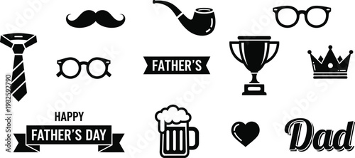 Happy Father's Day Vector Set with Dad Trophy, Beer Mug and Gift Accessories