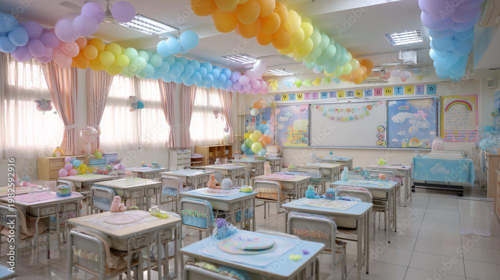 Fototapeta premium Decorated classroom with balloons for party celebration school education learning space interior