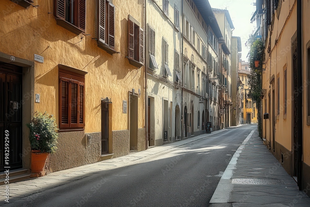 Obraz premium sunlit narrow european street with yellow stucco buildings, wooden shutters, doorways and a potted plant, empty tranquil atmosphere and long perspective